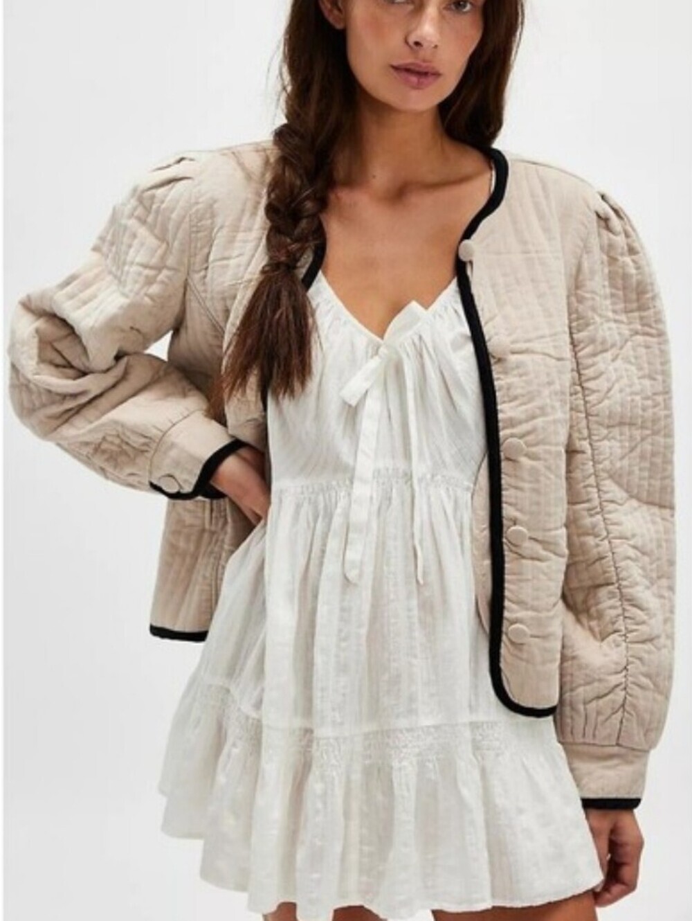 Free People Natalie Velvet Quilted Coat Jacket Cream Beige Large